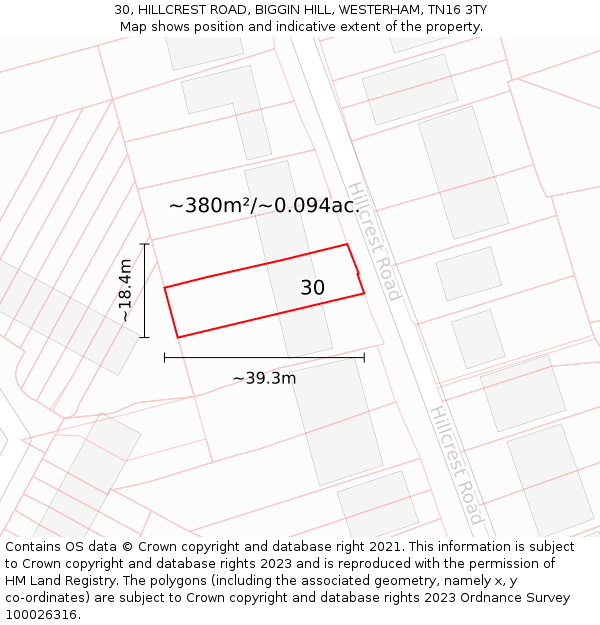 30, HILLCREST ROAD, BIGGIN HILL, WESTERHAM, TN16 3TY: Plot and title map