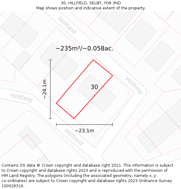 30, HILLFIELD, SELBY, YO8 3ND: Plot and title map