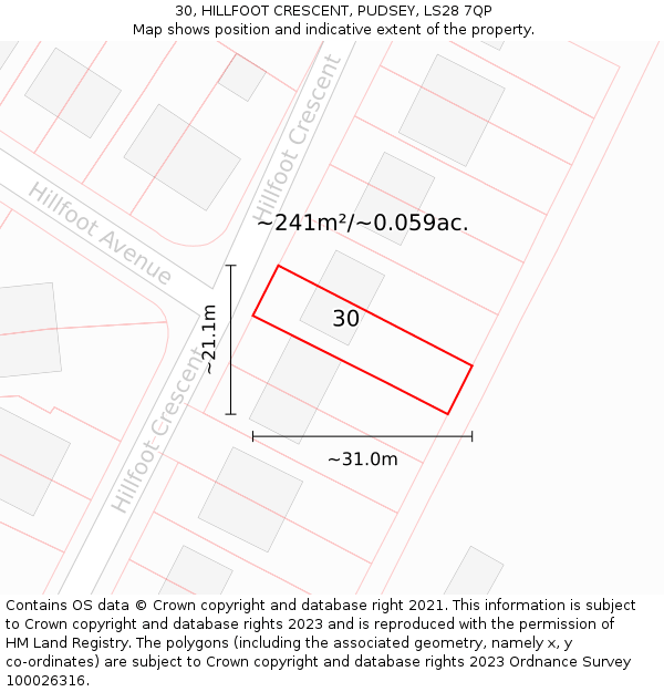 30, HILLFOOT CRESCENT, PUDSEY, LS28 7QP: Plot and title map