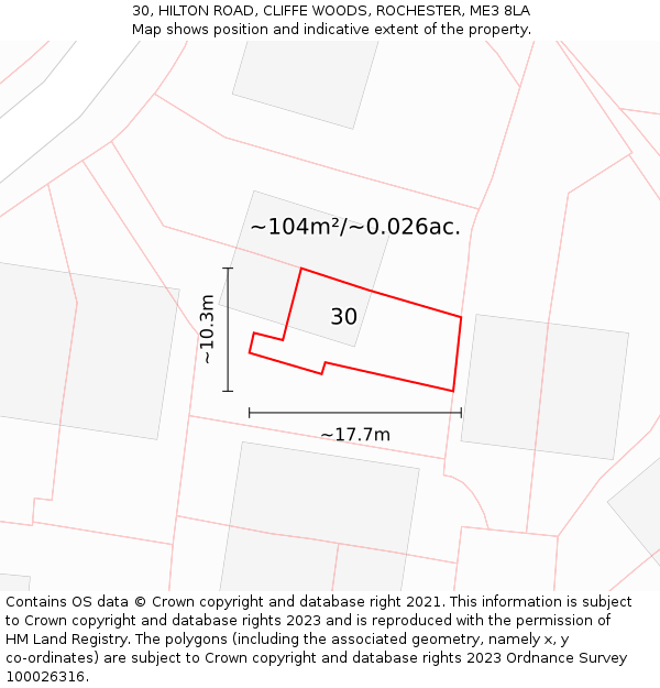 30, HILTON ROAD, CLIFFE WOODS, ROCHESTER, ME3 8LA: Plot and title map