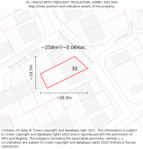 30, HINDSCARTH CRESCENT, MICKLEOVER, DERBY, DE3 9NN: Plot and title map