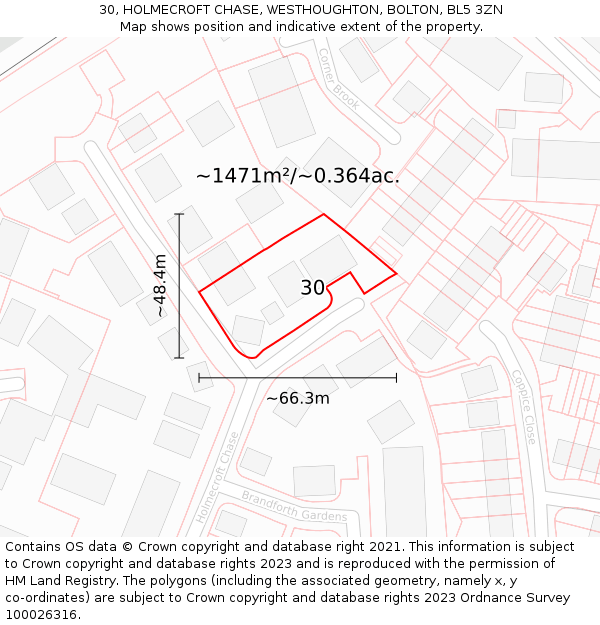 30, HOLMECROFT CHASE, WESTHOUGHTON, BOLTON, BL5 3ZN: Plot and title map