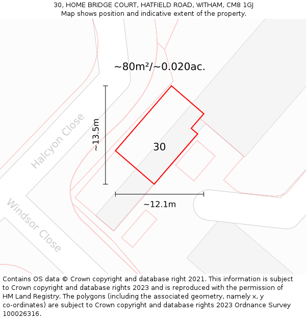 30, HOME BRIDGE COURT, HATFIELD ROAD, WITHAM, CM8 1GJ: Plot and title map