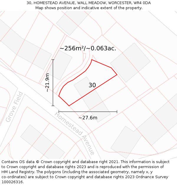 30, HOMESTEAD AVENUE, WALL MEADOW, WORCESTER, WR4 0DA: Plot and title map