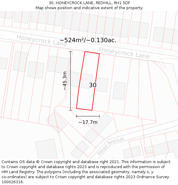 30, HONEYCROCK LANE, REDHILL, RH1 5DF: Plot and title map