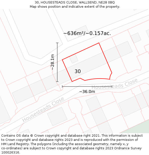 30, HOUSESTEADS CLOSE, WALLSEND, NE28 0BQ: Plot and title map