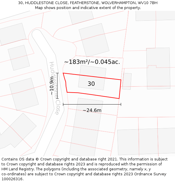 30, HUDDLESTONE CLOSE, FEATHERSTONE, WOLVERHAMPTON, WV10 7BH: Plot and title map