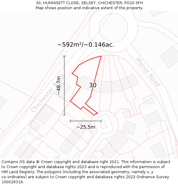 30, HUNNISETT CLOSE, SELSEY, CHICHESTER, PO20 0FH: Plot and title map