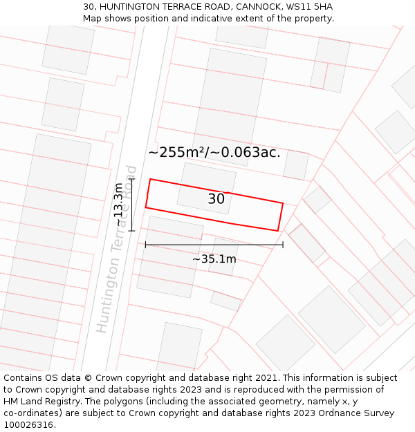 30, HUNTINGTON TERRACE ROAD, CANNOCK, WS11 5HA: Plot and title map