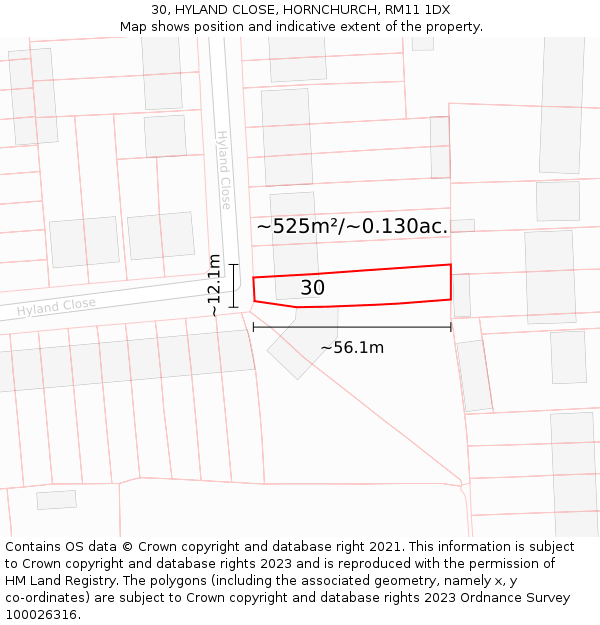 30, HYLAND CLOSE, HORNCHURCH, RM11 1DX: Plot and title map