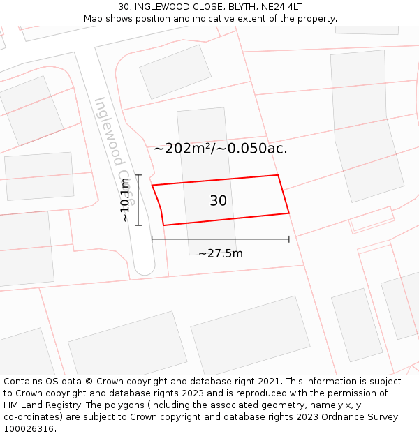 30, INGLEWOOD CLOSE, BLYTH, NE24 4LT: Plot and title map