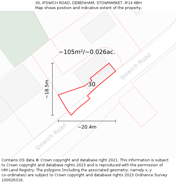 30, IPSWICH ROAD, DEBENHAM, STOWMARKET, IP14 6BH: Plot and title map