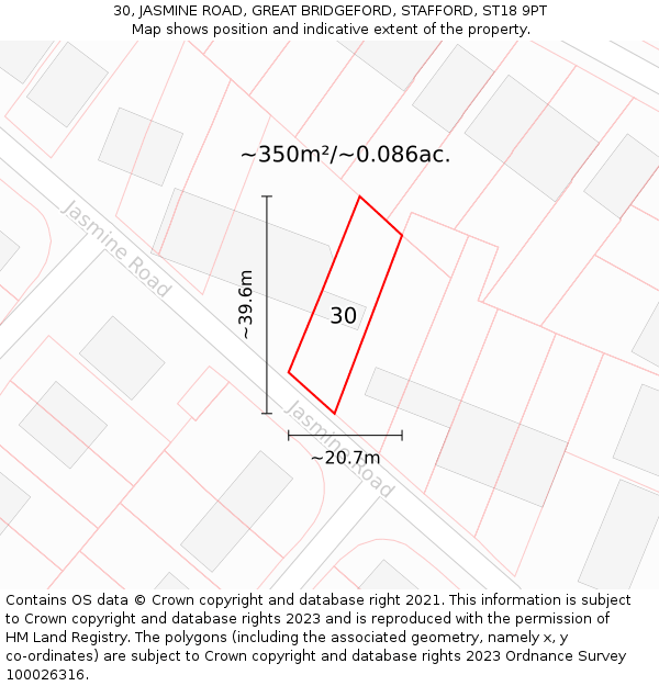 30, JASMINE ROAD, GREAT BRIDGEFORD, STAFFORD, ST18 9PT: Plot and title map