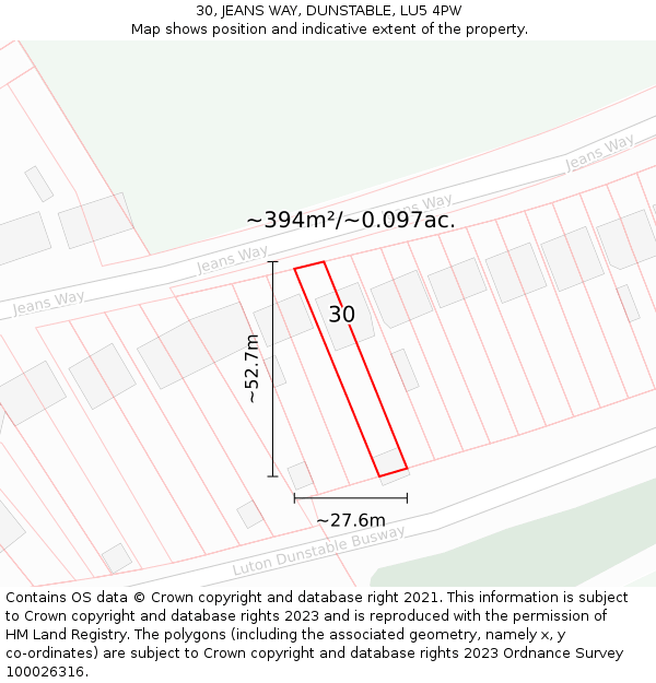 30, JEANS WAY, DUNSTABLE, LU5 4PW: Plot and title map