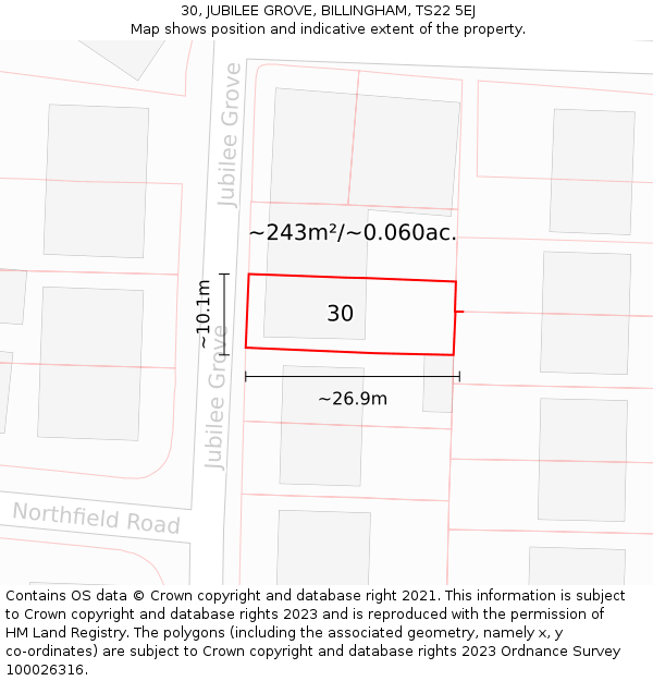 30, JUBILEE GROVE, BILLINGHAM, TS22 5EJ: Plot and title map