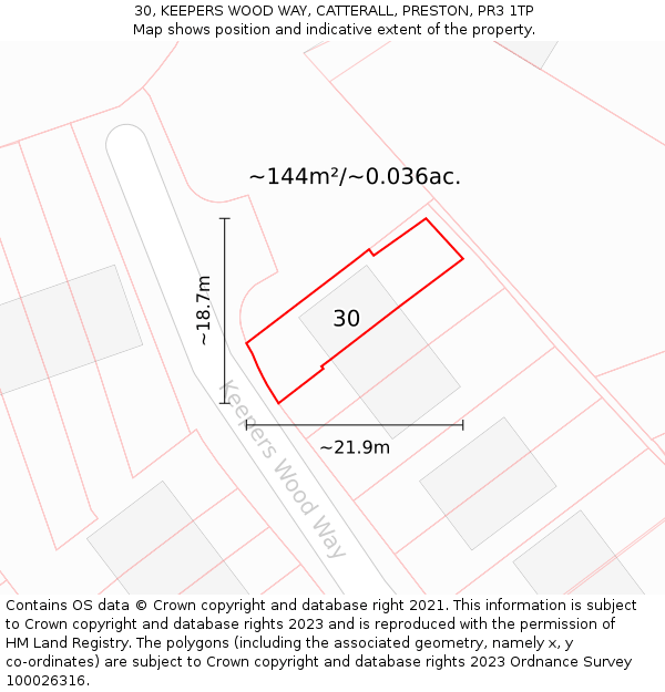 30, KEEPERS WOOD WAY, CATTERALL, PRESTON, PR3 1TP: Plot and title map