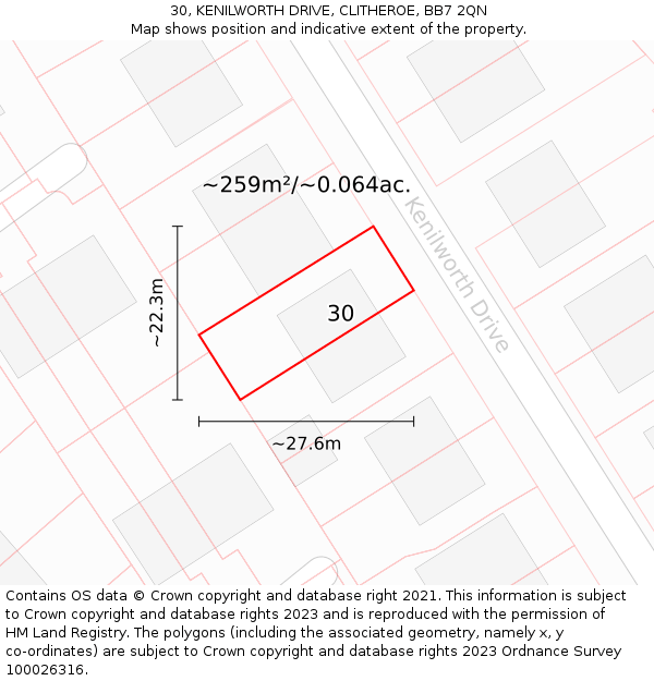 30, KENILWORTH DRIVE, CLITHEROE, BB7 2QN: Plot and title map