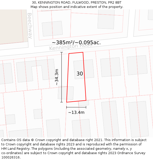 30, KENNINGTON ROAD, FULWOOD, PRESTON, PR2 8BT: Plot and title map