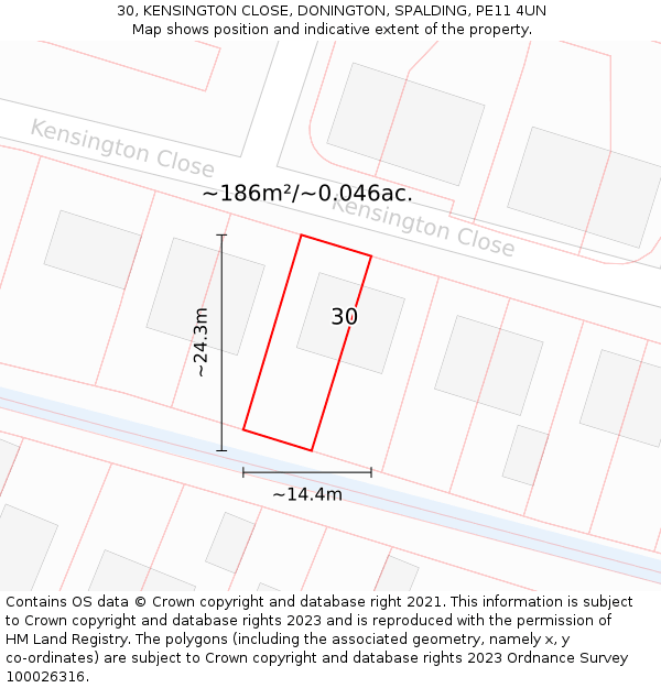 30, KENSINGTON CLOSE, DONINGTON, SPALDING, PE11 4UN: Plot and title map