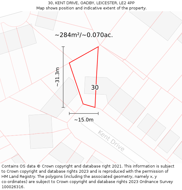 30, KENT DRIVE, OADBY, LEICESTER, LE2 4PP: Plot and title map