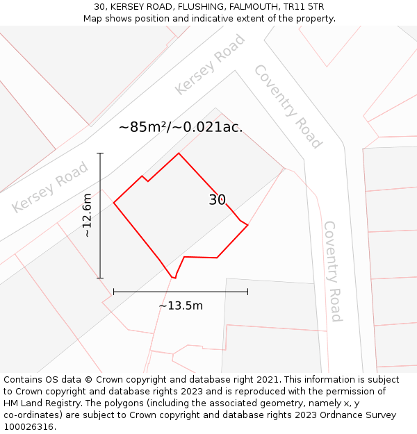 30, KERSEY ROAD, FLUSHING, FALMOUTH, TR11 5TR: Plot and title map