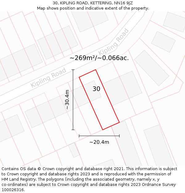 30, KIPLING ROAD, KETTERING, NN16 9JZ: Plot and title map