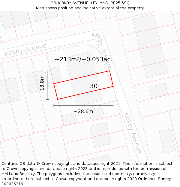 30, KIRKBY AVENUE, LEYLAND, PR25 5SQ: Plot and title map