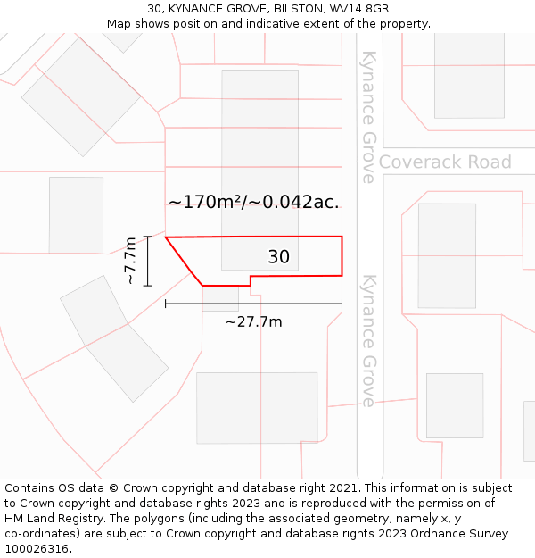 30, KYNANCE GROVE, BILSTON, WV14 8GR: Plot and title map