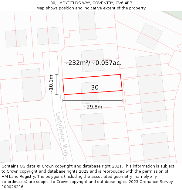 30, LADYFIELDS WAY, COVENTRY, CV6 4PB: Plot and title map