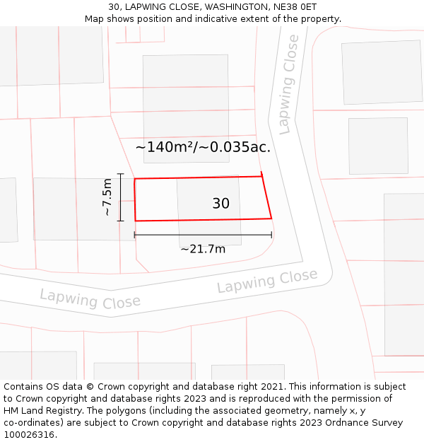 30, LAPWING CLOSE, WASHINGTON, NE38 0ET: Plot and title map