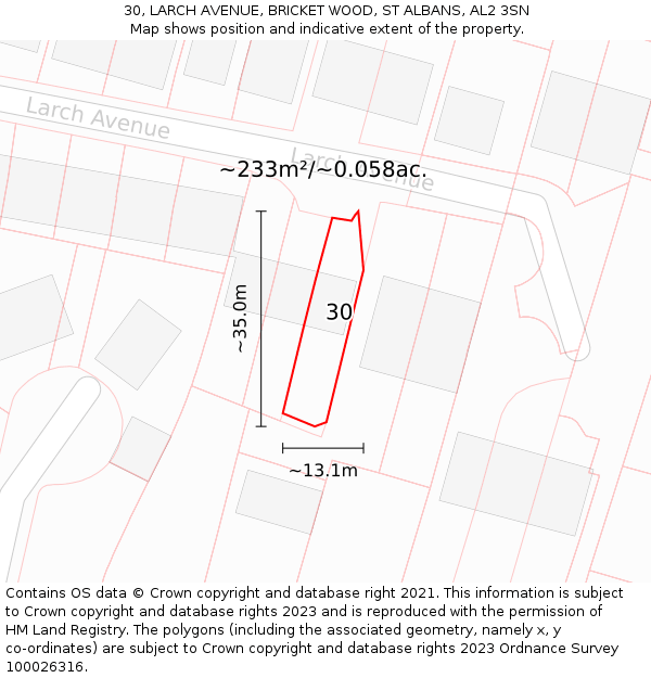 30, LARCH AVENUE, BRICKET WOOD, ST ALBANS, AL2 3SN: Plot and title map