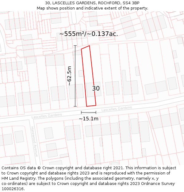 30, LASCELLES GARDENS, ROCHFORD, SS4 3BP: Plot and title map