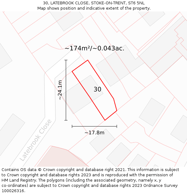 30, LATEBROOK CLOSE, STOKE-ON-TRENT, ST6 5NL: Plot and title map