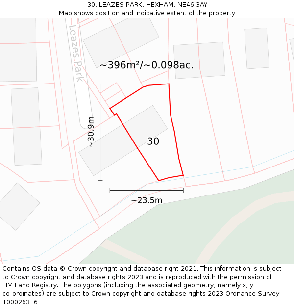 30, LEAZES PARK, HEXHAM, NE46 3AY: Plot and title map