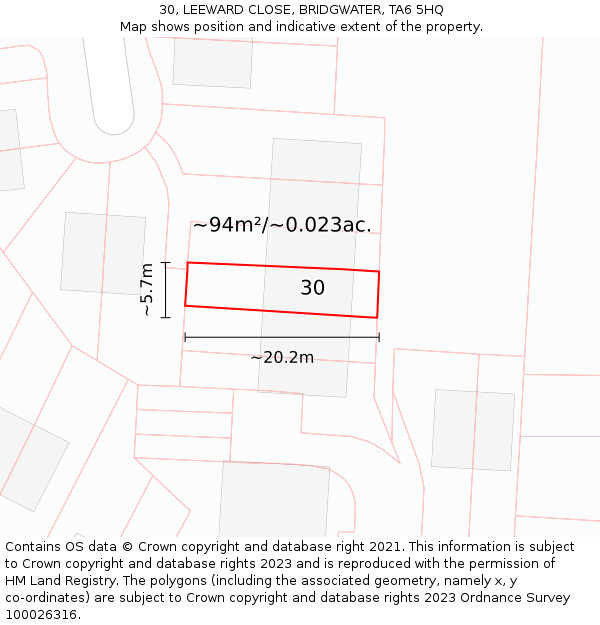 30, LEEWARD CLOSE, BRIDGWATER, TA6 5HQ: Plot and title map