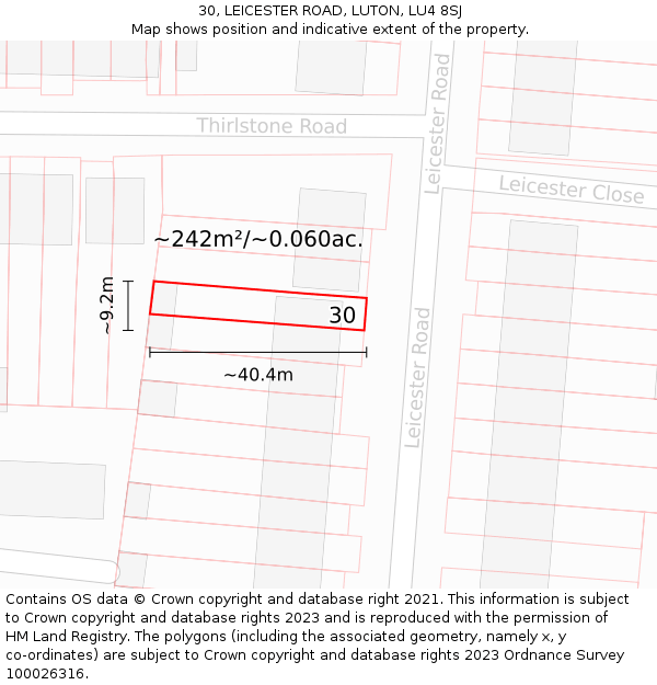 30, LEICESTER ROAD, LUTON, LU4 8SJ: Plot and title map