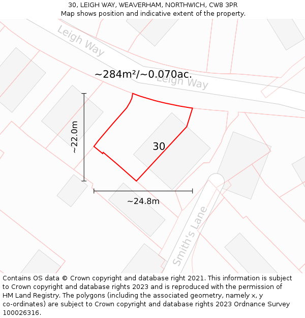 30, LEIGH WAY, WEAVERHAM, NORTHWICH, CW8 3PR: Plot and title map