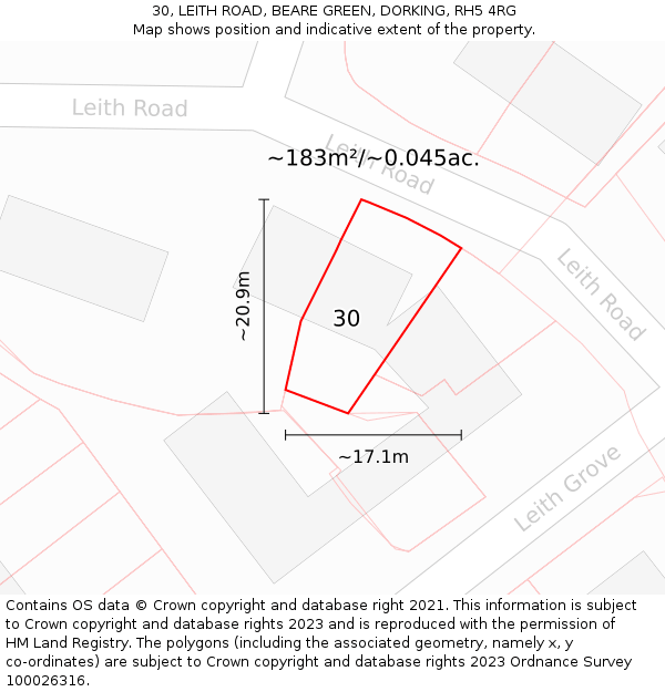 30, LEITH ROAD, BEARE GREEN, DORKING, RH5 4RG: Plot and title map