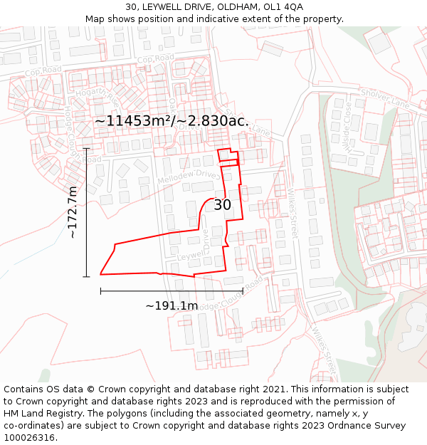 30, LEYWELL DRIVE, OLDHAM, OL1 4QA: Plot and title map