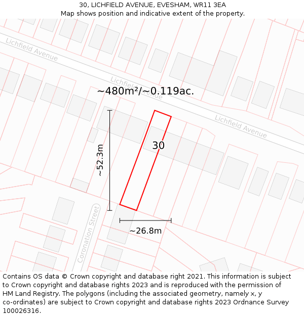 30, LICHFIELD AVENUE, EVESHAM, WR11 3EA: Plot and title map