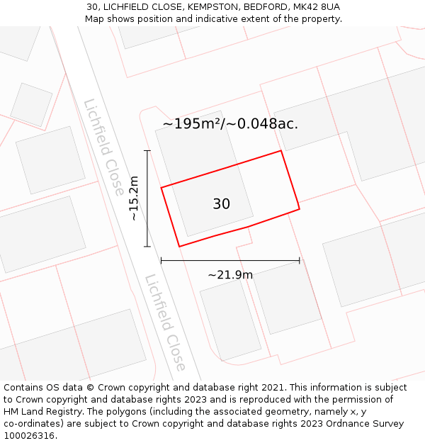 30, LICHFIELD CLOSE, KEMPSTON, BEDFORD, MK42 8UA: Plot and title map