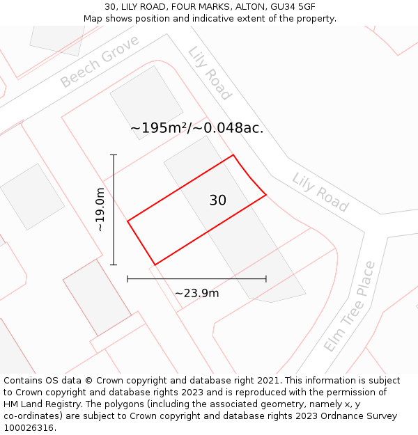 30, LILY ROAD, FOUR MARKS, ALTON, GU34 5GF: Plot and title map