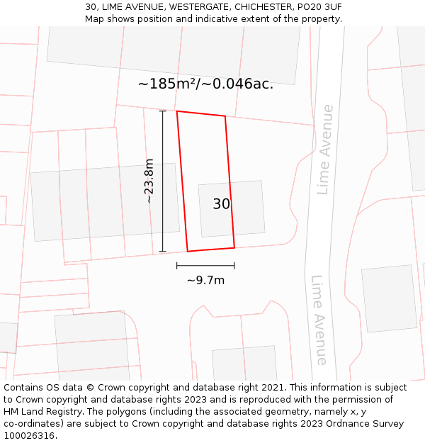 30, LIME AVENUE, WESTERGATE, CHICHESTER, PO20 3UF: Plot and title map