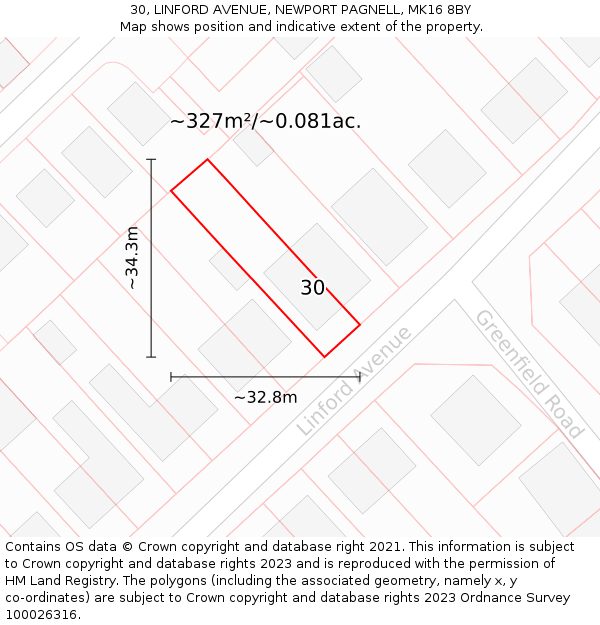 30, LINFORD AVENUE, NEWPORT PAGNELL, MK16 8BY: Plot and title map