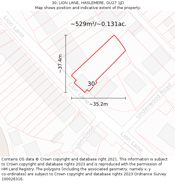 30, LION LANE, HASLEMERE, GU27 1JD: Plot and title map