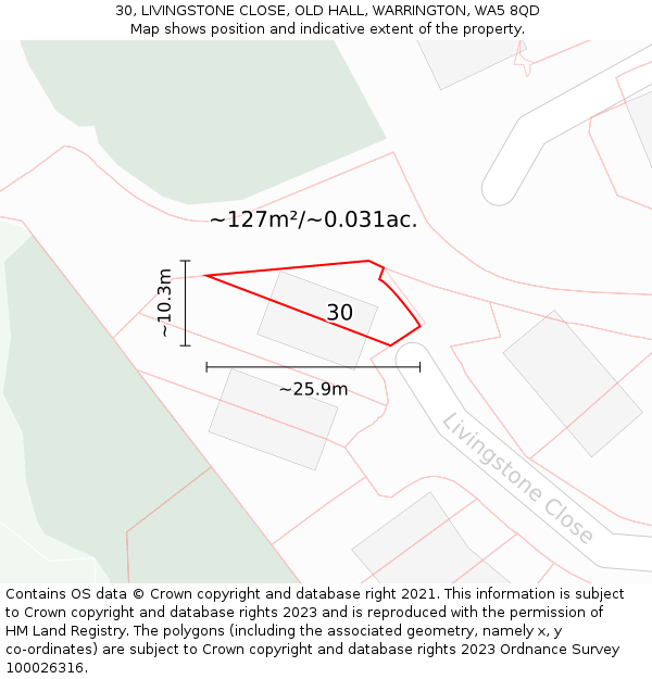 30, LIVINGSTONE CLOSE, OLD HALL, WARRINGTON, WA5 8QD: Plot and title map