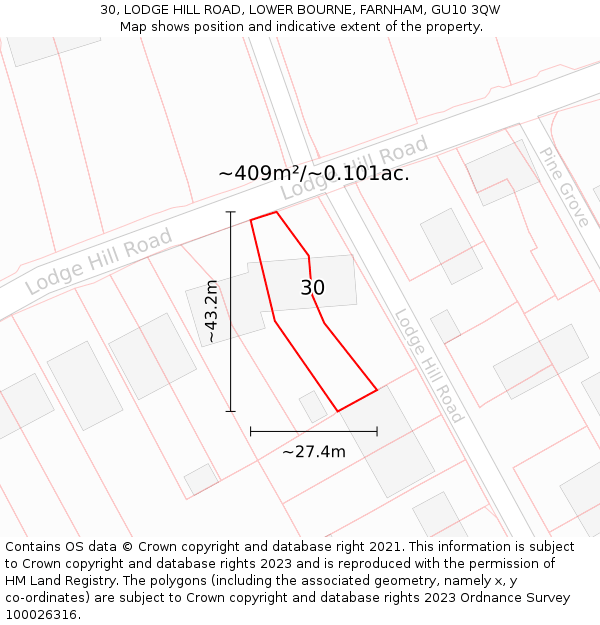 30, LODGE HILL ROAD, LOWER BOURNE, FARNHAM, GU10 3QW: Plot and title map