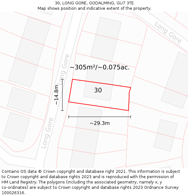 30, LONG GORE, GODALMING, GU7 3TE: Plot and title map