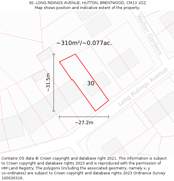 30, LONG RIDINGS AVENUE, HUTTON, BRENTWOOD, CM13 1DZ: Plot and title map