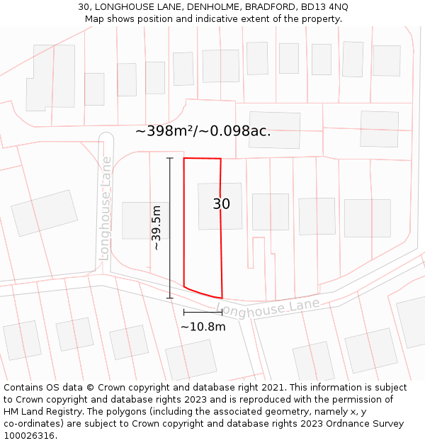 30, LONGHOUSE LANE, DENHOLME, BRADFORD, BD13 4NQ: Plot and title map